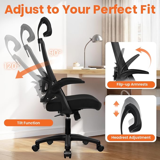 NEO CHAIR Office Desk Chair with Ergonomic High Back Mesh Headrest, Black | Adjustable Headrest and Lumbar Support with Flip-Up Armrests Designed for Extended Sitting Comfort While Saving Space - Image 5