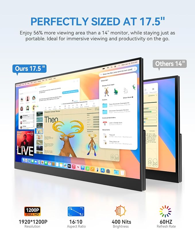 UPERFECT 17.5" Portable Monitor, 125% sRGB, 400 Nits IPS Display | 1920×1200 FHD, 16:10, USB-C & HDMI, Adjustable Stand, Eye Care Screen Extender for Laptop, MacBook & Gaming - Image 2