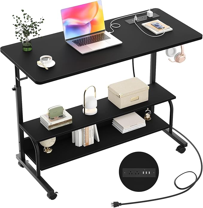 39" Rolling Standing Desk with Charging Station for Couch Bed | Height Adjust 27.5-41", 2 AC/3 USB, Mobile 4 Lockable Wheels, 2-tier Shelves Hook, Safe Corner Fast Assembly by Armocity