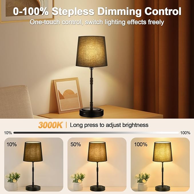 Cordless Table Lamps Set of 2 – Battery Operated Lamp with 7500mAh Rechargeable Battery, Stepless Dimmable Black Lamps with Black Shade, Wireless Lamps for Dining Room & Nightstand (Bulbs Included) - Image 3