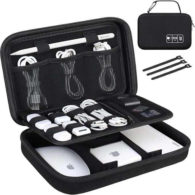 Lacdo Hard Travel Electronic Organizer Case for MacBook Power Adapter Charger, Cables, Apple Pencil, Mouse, Power Bank, USB Flash Disk,SD Card Small Protective Portable Accessories & 3 Cable Tie,Black by Lacdo