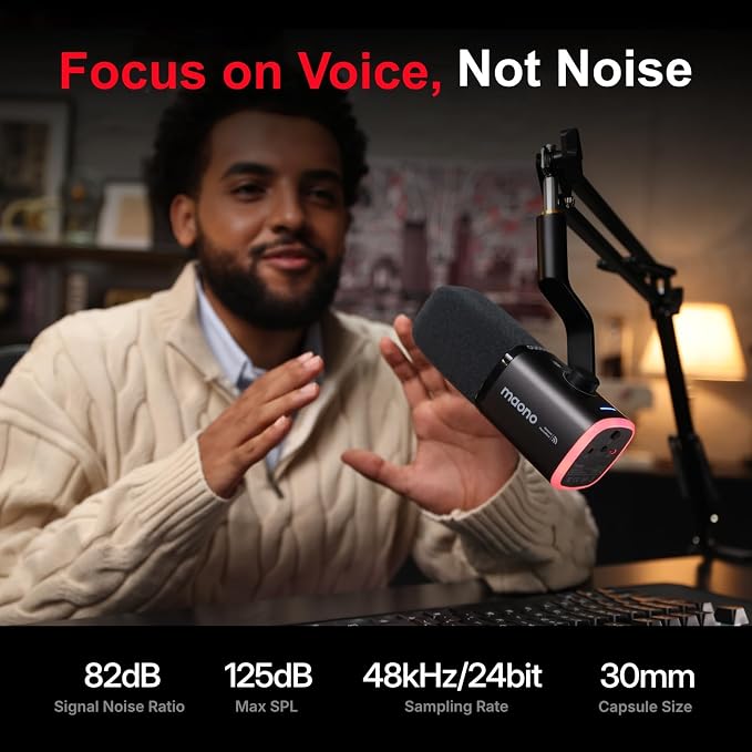 MAONO PD100W Wireless Dynamic Gaming Microphone for PC with USB-C Receiver | One-Click Noise Reduction,Custom RGB,Mute,Monitoring, Companion App,Wireless Desktop Mic for Creator, Stream, Podcast, Black - Image 4