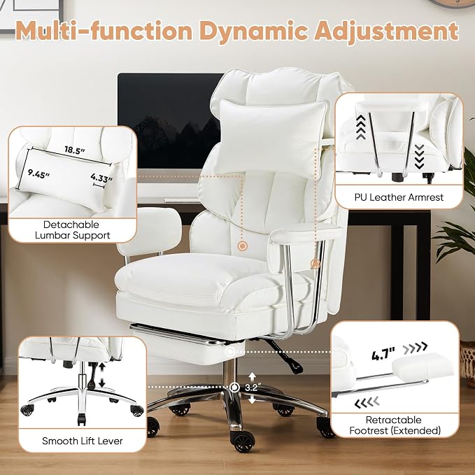 Sweetcrispy Executive Home Office Chair, Ergonomic Desk Chair | Big Tall High Back, Lumbar Support, Reclining Height Adjustable, PU Leather, Computer Gaming, Footrest Swivel Wheels, White - Image 6