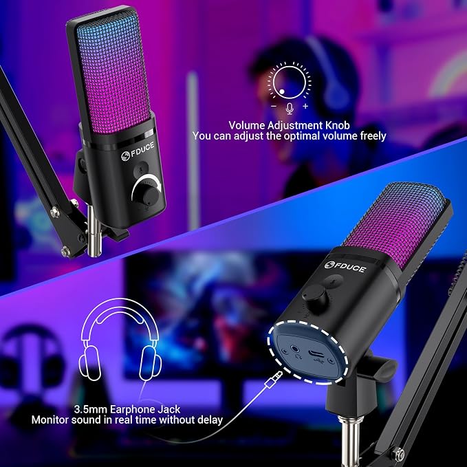 Gaming USB Microphone, RGB Condenser mic with Mute, Gain, Monitoring, Boom Arm for Streaming, Podcast, Twitch, YouTube, PC, Computer, PS5, (M160+) - Image 3