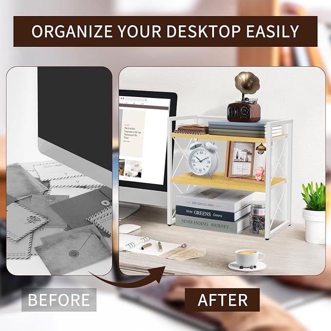 YINMIT Desktop Shelf Organizer, 2 Tier Office Shelves, Wood Desk Organizer Storage Rack and Freestanding Display Shelf for Office, Dormitory, Home (White Wood) - Image 5