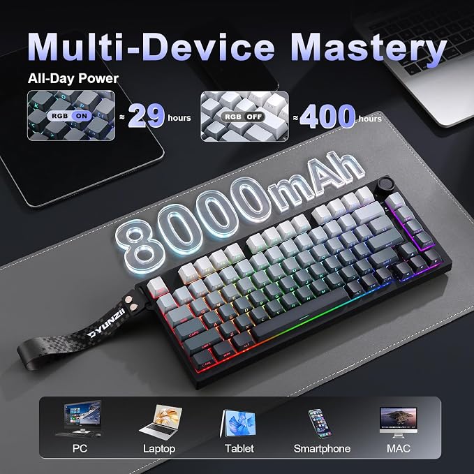 YUNZII RT75 PRO Dual 8K Wireless Keyboard(Gradient Black, Red Switch) | Hall Effect Magnetic Switches & 128KHz Scan Rate,BT/USB-C/2.4G, RGB, Hot-Swappable, CustomizableTGL/SOCD/DKS/MT for Gamers - Image 9