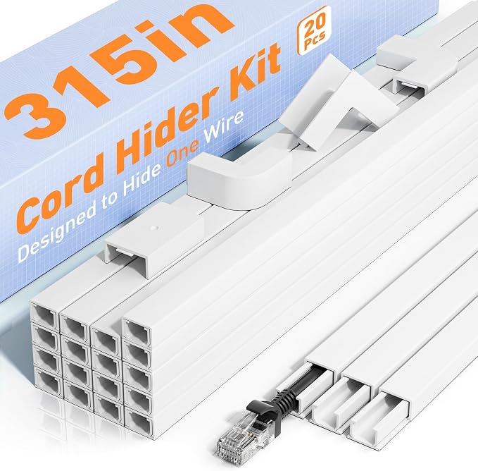 Delamu Cord Hider, 315in Cord Covers for Wires on Wall, One-Cord Cable Hider, Wire Hiders Wire Covers for TV Cords on Wall, Easy Mount Cable Cover Management Kit, 20 x L15.7 W0.59 H0.4in, White by DELAMU