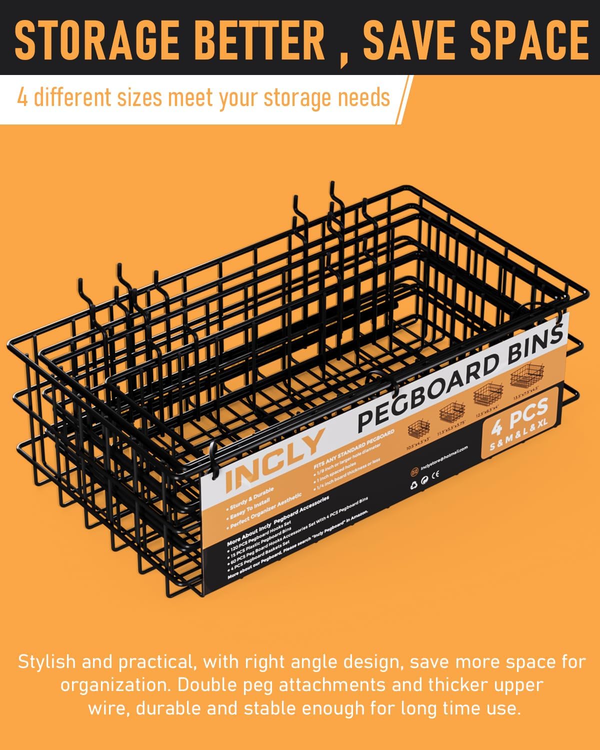 INCLY 4 Pack Pegboard Baskets Bins Set, Black Metal Pegboard Accessories - Image 6