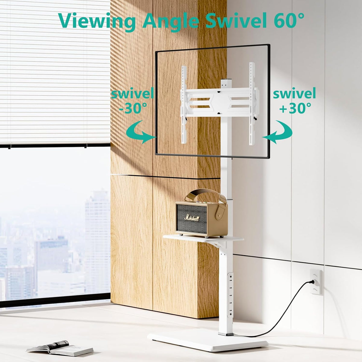 WALI Floor TV Stand with Power Outlet & AV Shelf, Tall TV Stand Mount for 36-75 inch TV up to 110 lbs, Swivel and Height Adjustable TV Stands with Wood Base for Bedroom, Office(TVDVD-6PW), White - Image 3