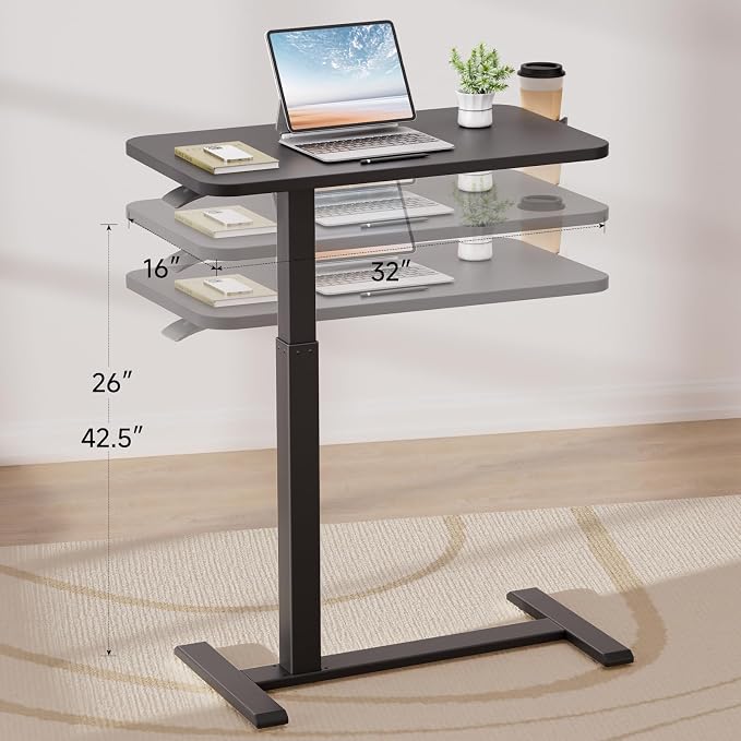 GTPLAYER Small Standing Desk with Hidden Wheels, Pneumatic Mobile Rolling Laptop Desk, Adjustable Height Overbed Bedside Table Computer Workstation for Home Office (32" W x 16" D, Black) - Image 3