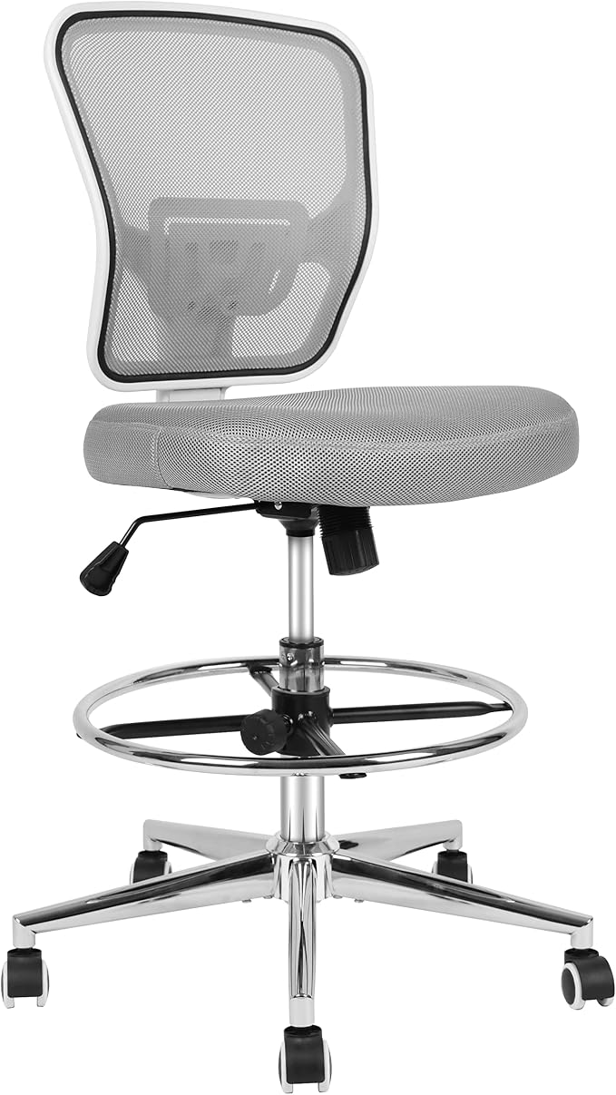 Drafting Chair, Tall Office Chair for Standing Desk, Drafting Stool with Lumbar Support, Adjustable Height and Foot Ring, Grey by HYLONE