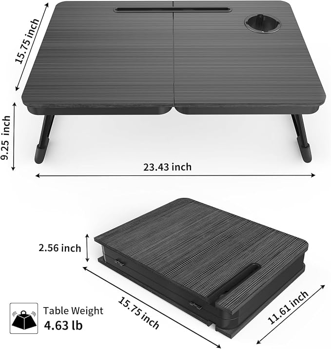BUYIFY 23.4" Foldable Lap Desk Bed Table with Cup Holder Tray Charcoal | Portable Folds Flat for Easy Storage, No Assembly Laptop Bed Desk, Sturdy and Lightweight, Patent Design - Image 2