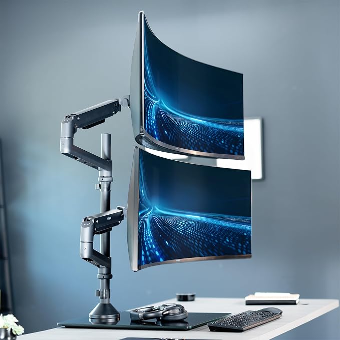 VIVO Pneumatic Arm Dual Ultrawide Monitor Desk Stand for Up to 49 inch Screens with Tempered Glass Base, Holds 2 Ultra Wides Up to 30.8 lbs, Black, STAND-V249FG - Image 2