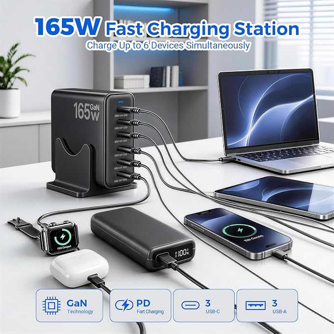 165W GaN Charging Station, 6-Port USB C & USB A Charger, Black | 165W GaN, 6-Port USB Charging Station, 3x40W USB-C + 3x15W USB-A, ABS+PC, Charge 6 Devices, Home Office Travel - Image 2