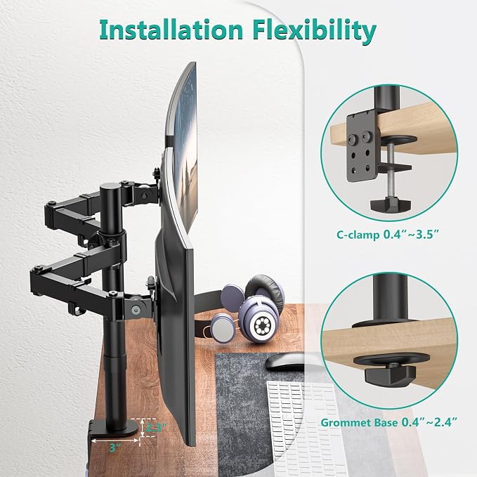 WALI Articulating Dual Monitor Stand for 13-27 inch Screens, 22 lbs per Arm | 2 Monitor Desk Mount, Full Motion with Tilt, Swivel, Rotation, C-Clamp & Grommet Base, VESA 75/100mm (M002), Black - Image 6