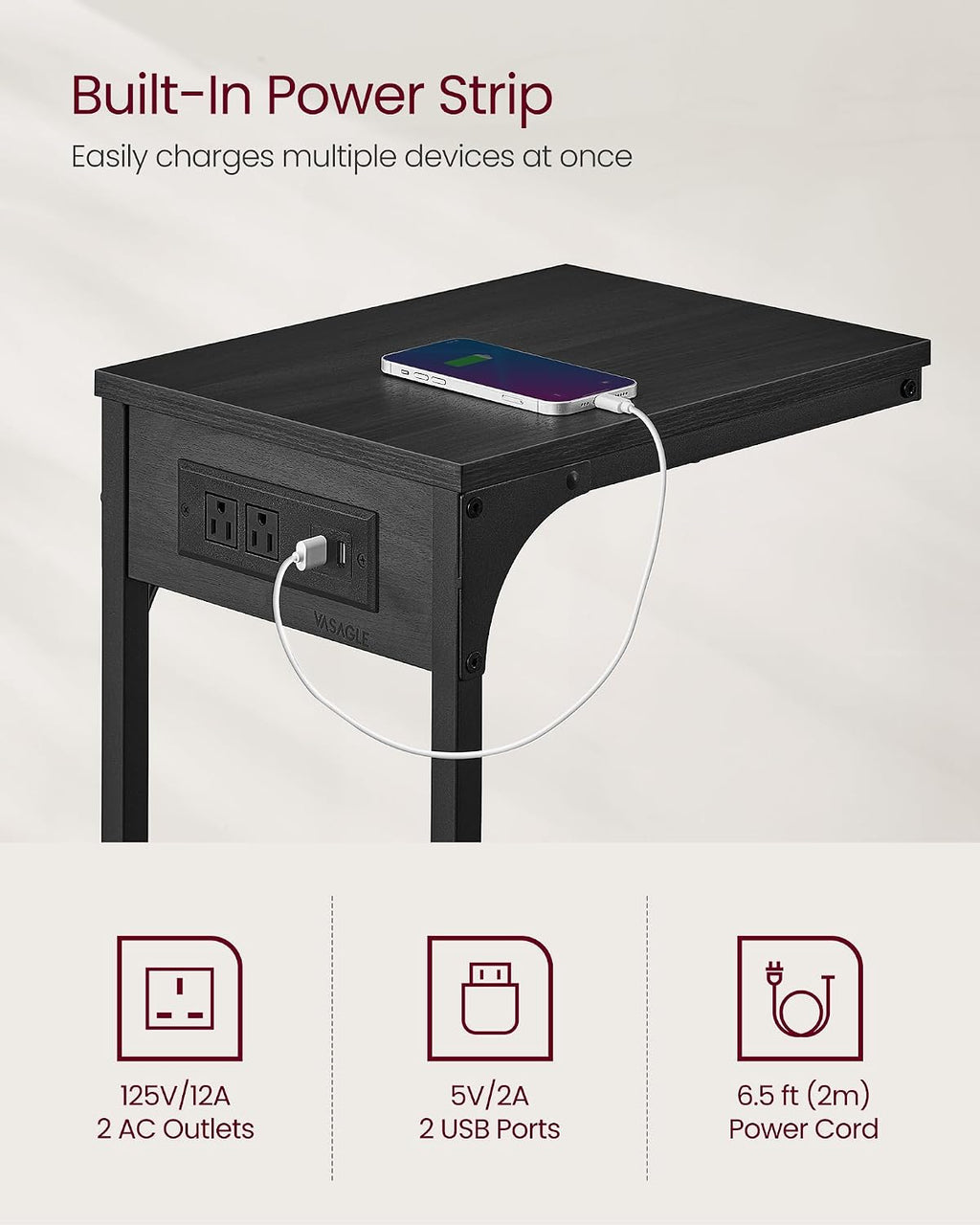 VASAGLE C-Shaped Side Table with Charging Station, 2 USB Ports and Outlets - Image 4