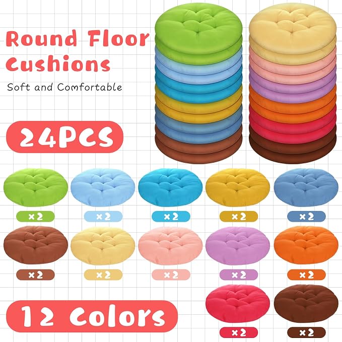 Tinideya 24 Pcs Floor Cushions Classroom,Medium 15.7 Inch,Colorful | Round Meditation Pillows for Adults Kids, Flexible Seating Nursery Living Room Yoga, Soft Padded Chair Cushion - Image 4