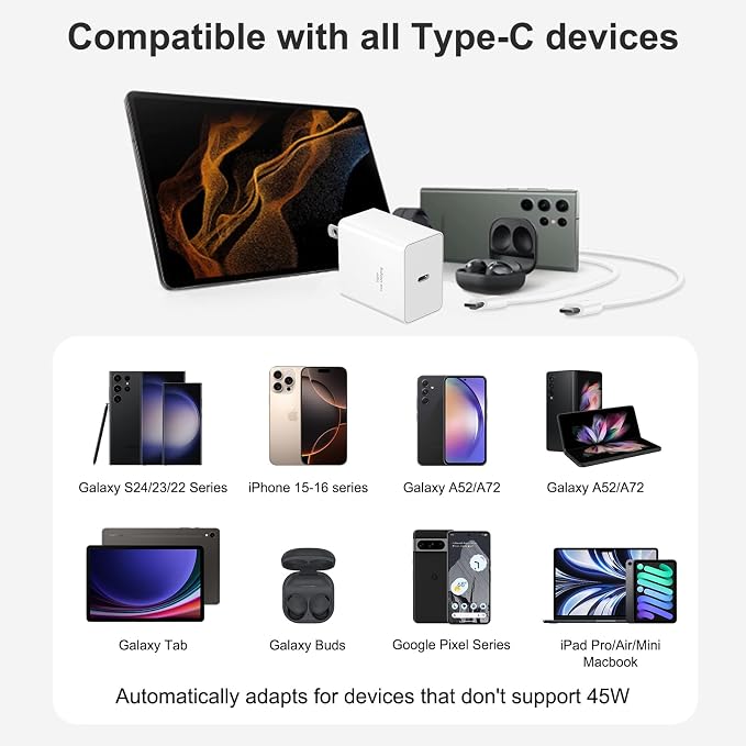 USB C Charger Type C Charger Fast Charging Long 12FT 45W Samsung Charger | for iPhone Air/17 Plus/17 Pro/17 Pro Max/16 Plus/16 Pro Max/15 Pro Max/iPad Pros/Samsung Galaxy S26/S25,Android(White) - Image 5
