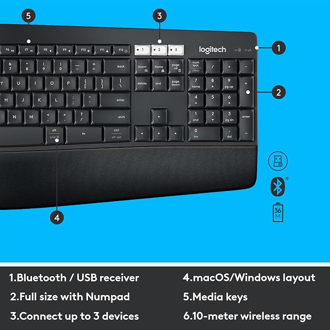 Logitech MK850 Performance Wireless Keyboard and Mouse Combo - Graphite | Connect via Bluetooth or included USB-A receiver, oversized wave-shaped keyboard, full size mouse with 8 customizable buttons - Image 7
