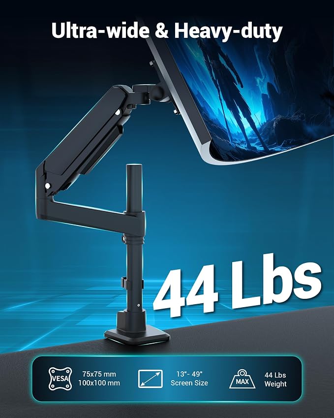 Heavy Duty Monitor Arm for 13-49 Inch Ultrawide Screens, Holds Up to 44lbs, Fully Adjustable Single Monitor Mount, with Clamp & Grommet Base, 75/100mm VESA Desk Mount, Black - Image 2