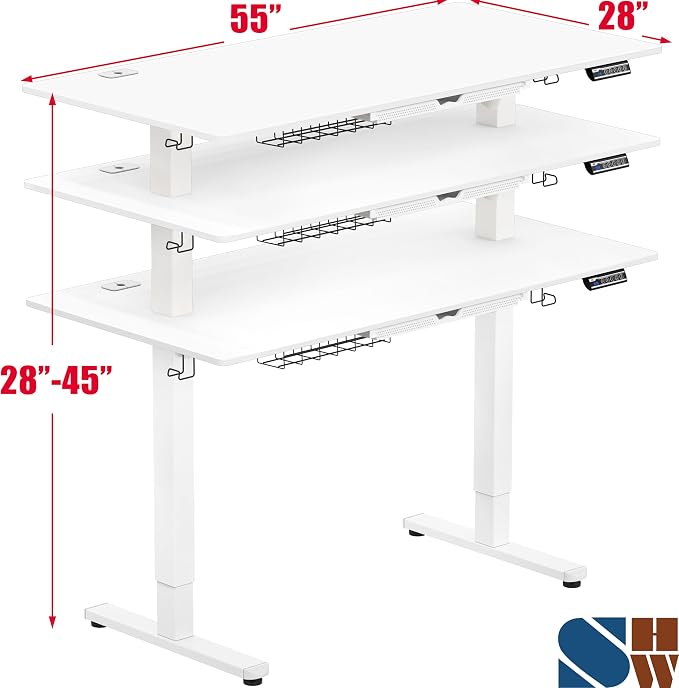 SHW 55 x 28 Electric Height Adjustable Standing Desk w/Drawer, White | w/ Memory Presets and Cable Management | Drawer with adjustable compartments | Hanging Hooks - Image 3
