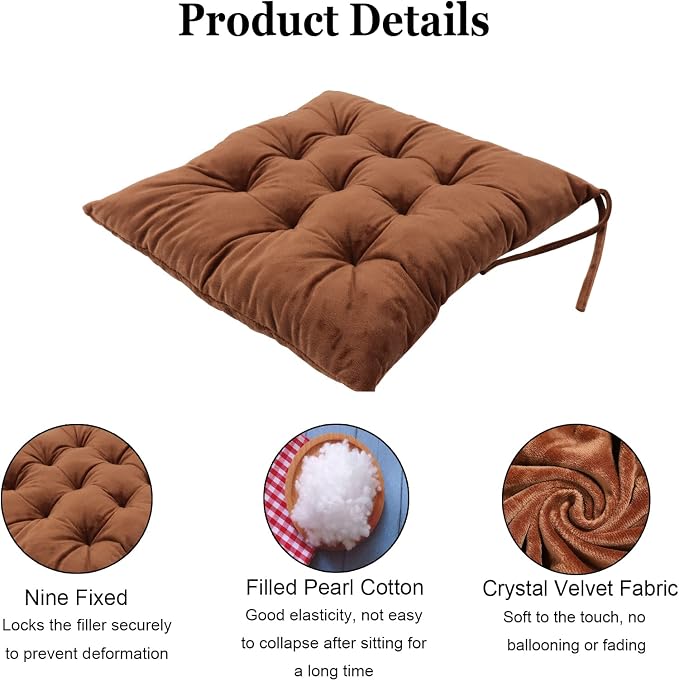Set of 4 Square Chair Pads Indoor Seat Cushions Pillows with Ties Soft Comfortable Non Slip Chair Mat for Kitchen Dining Office Desk Living Room Outdoor Tatami 15.5" - Coffee - Image 3