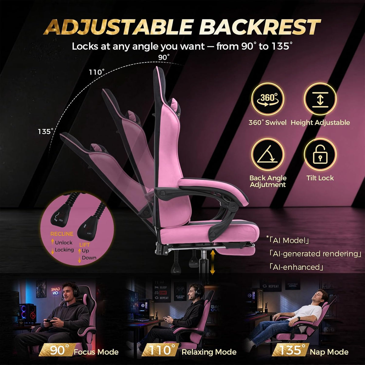 GTPLAYER Video Gaming Chair Fabric, Ergonomic Computer Chair with Footrest and Pocket Spring Cushion, Height Adjustable Video Gamer Chair with Lumbar Support for Adults, Pink - Image 6