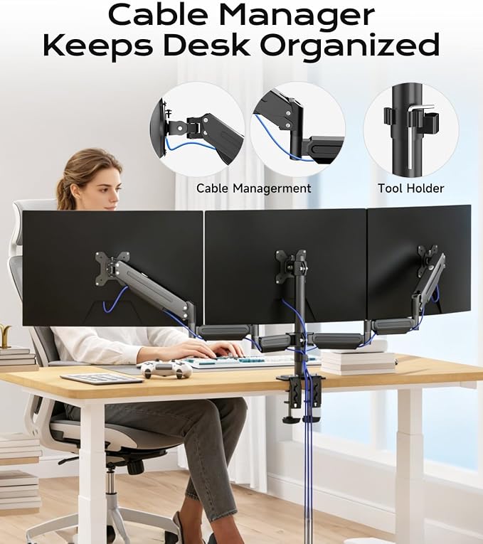 Pholiten Triple Monitor Mount for17-32 inches Screen, 2 Gas Spring Arms | Fully Adjustable Heavy Duty Monitor Arm, Clamp & Grommet Mounting, Holds 22 lbs Each - Image 8