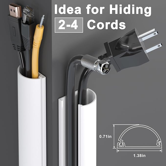 ZhiYo 42.5in Cord Hider for 2-4 Wall-Mounted TV Wires, 1.4"W x 0.7"H, White | Split-Hinge Design for Easy Installation, Half-Round Glazed Finish Ideal for Wall/Baseboard, Self-Adhesive, 3Pack(14.2" Each) - Image 2