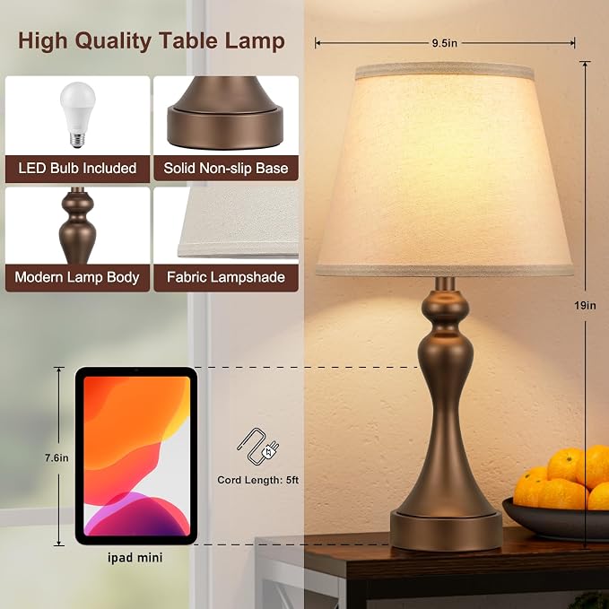 Touch Lamps for Nightstand, 3 Way Dimmable Bedside Lamps with USB C+A Ports | Touch Control, LED Bulb Included, Small Brown Table Lamp for Bedroom, Night Stands, End Table, Gift，Corded，Oat Shade - Image 7