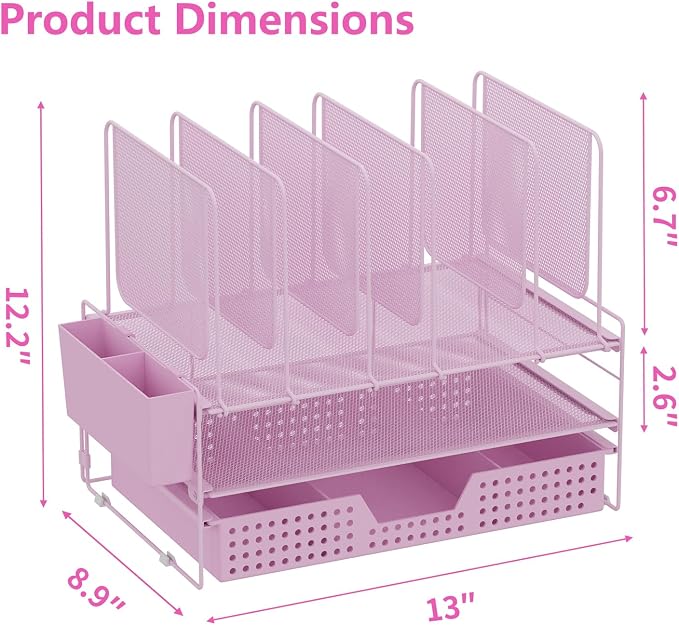 LEKETREE Pink Desk Organizer, Office Organization with Vertical File Holder, File Organizer with Drawer and Pen Holder, Desk Accessories and Workspace Organizers for Home Office (Pink) - Image 7
