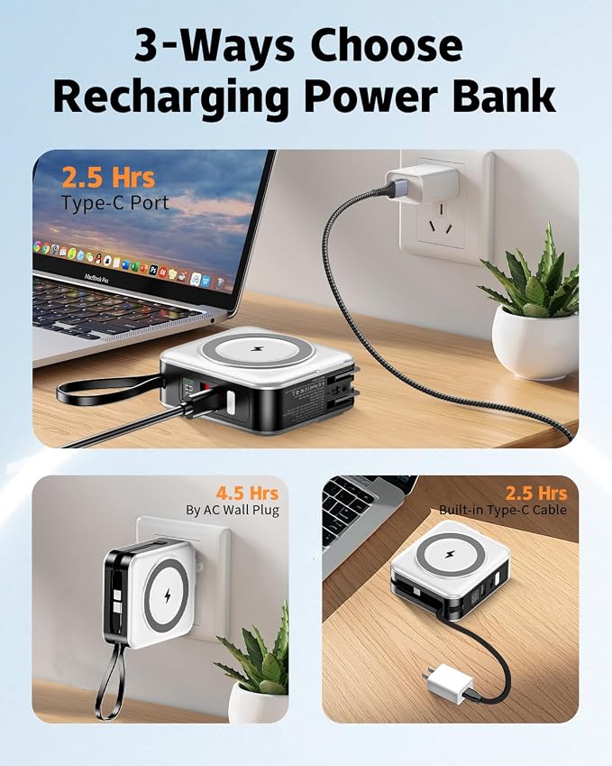 for Magsafe Portable Charger with Built-in Cables and AC Wall Plug, 10000mAh Magnetic Wireless Power Bank 22.5W Type-C in & Out Fast Charging Battery Pack for iPhone 17/16/15/14/13/12 Series, White - Image 5