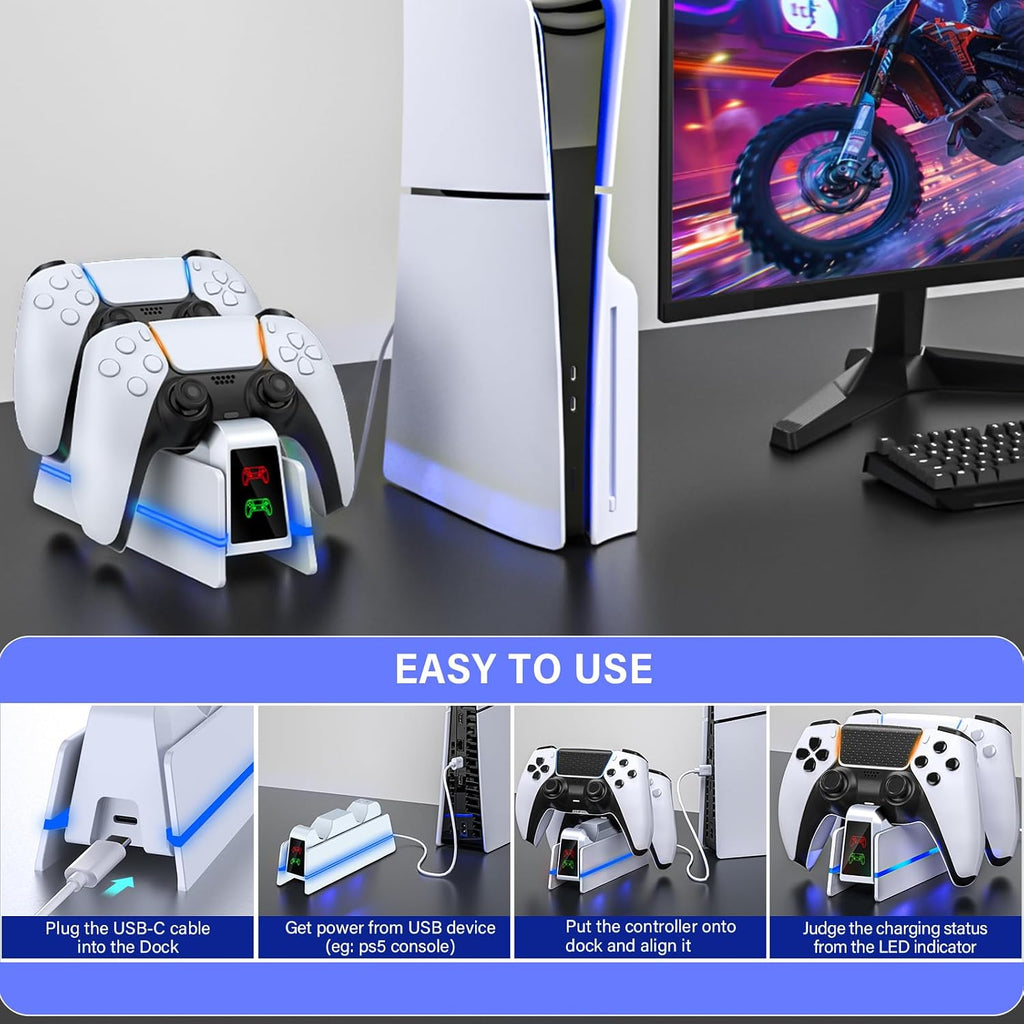 PS5-Controller-Charger-Station - Charging Station for PlayStation 5 Dualsense/Edge Controller with 9 Color Led Light, Fast Charging Dock & Holder Stand for PS5/Slim/Pro Remote - Whole White - Image 8