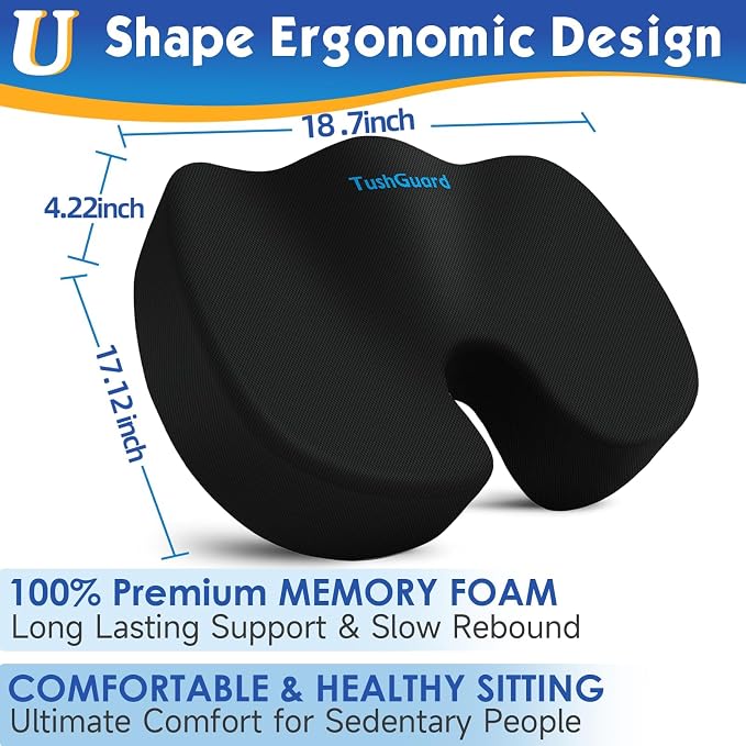 Seat Cushion for Office Chair, Car, Memory Foam, Black XX-Large | For Back, Coccyx, Sciatica, Tailbone Pain, Ergonomic Design, Non-Slip, Desk Wheelchair Use, Supportive Butt Pillow, For Man - Image 2