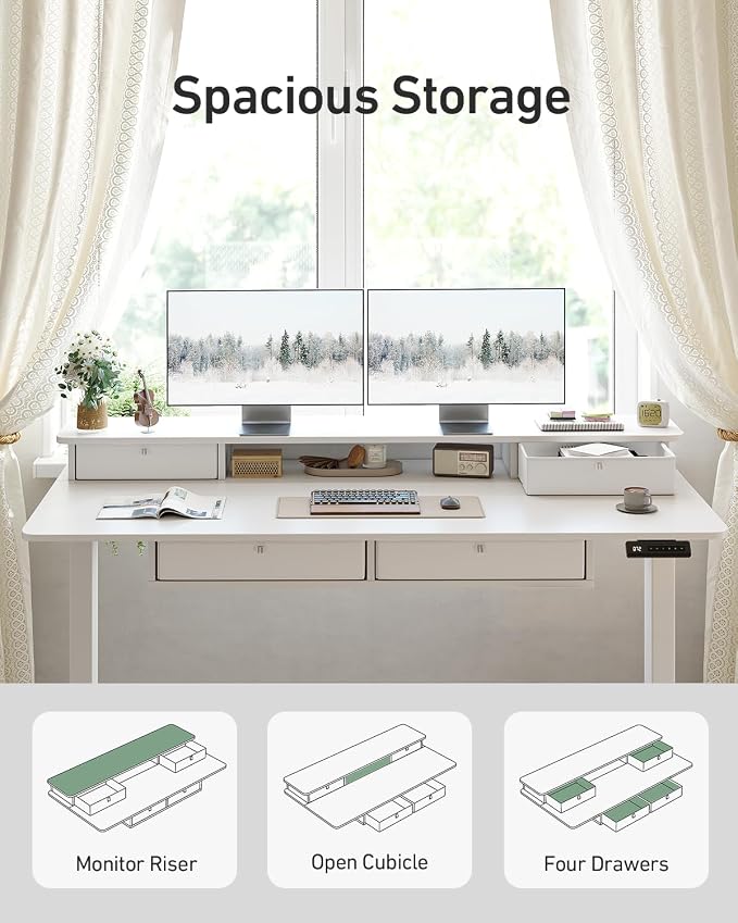 CubiCubi 48" x 24" Standing Electric Desk with Drawers, Warm White | Height Adjustable Workstation, Computer Sit Stand Up Office Table with Large Storage Shelf, 4 Drawers and 2 Hooks - Image 5