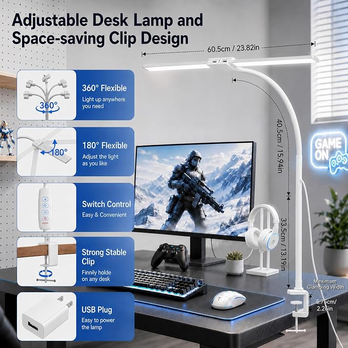 Desk Lamps for Home Office, Computer Light Bar, Double Head, White | Eye-Care Architect Light with Clamp, 3 Color Modes 10 Brightness, Adjustable for Reading, Study, Workbench - Image 3