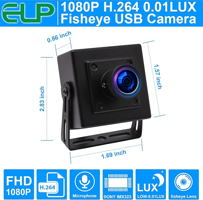 ELP Sony IMX323 Sensor Wide Angle Low Light Mini USB Camera Module with Metal Case HD 1080P 170degree Fisheye Webcam for Computer H.264 UVC USB2.0 Home Surveillance PC Camera for Laptop - Image 2