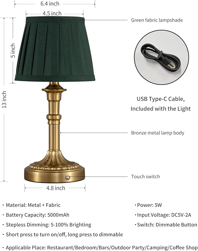 KDG Gold Cordless Table Lamps Set of 2, Green Fabric Shade Small Desk Lamp | Portables 4000mAh Battery Powered, LED Lighting, 2700K Stepless Dimmable, Light for Living Room, Dining Room, Bedroom - Image 5