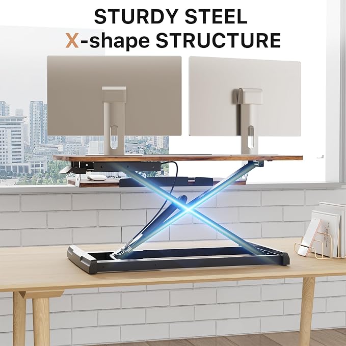 JOY worker Standing Desk Converter, 32" Height Adjustable Sit Stand Riser | Rustic Brown Table Top Stand Up desk with Fixed Keyboard Tray, Monitor and Laptop Workstation, Particle Board, Home Office - Image 7