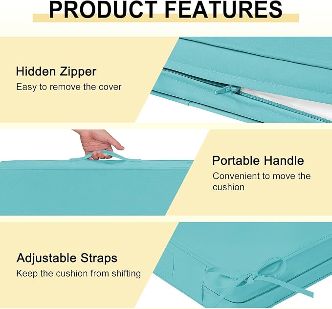 downluxe Waterproof Outdoor Chair Cushions for Patio Furniture, 24" x 24" x 4" Patio Chair Cushion with Adjustable Ties & Portable Handle, Square Outdoor Cushion with Removable Cover, Teal, 2 Pack - Image 5