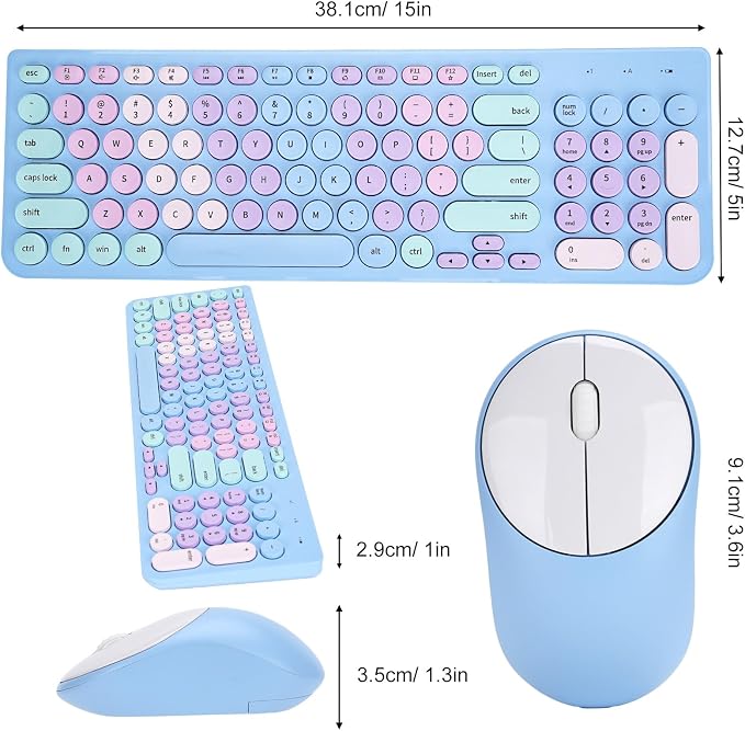 Wireless Keyboard and Mouse Combo, Retro Typewriter Keyboard with Round Keycaps, 2.4GHz USB Cute Wireless Keyboard Mouse for Computer, Desktop, Laptop and Computer (Rainbow Blue) - Image 6