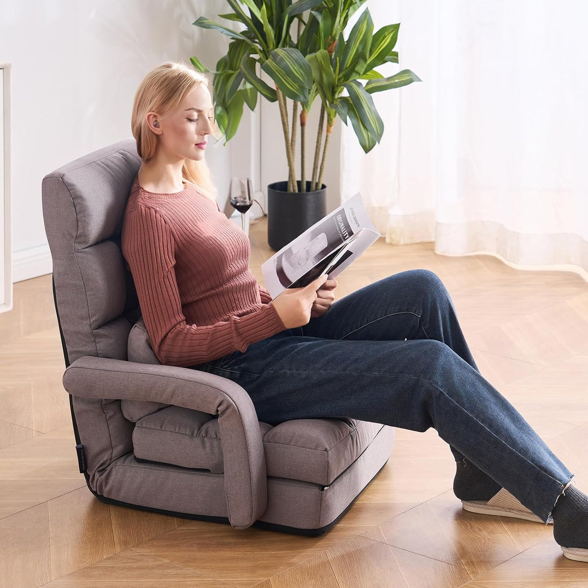 VEVOR Floor Chair, Floor Gaming Chair with 5 Adjustable Position and Back Support, Folding Sofa Chair with Armrest, Sofa Lounger Bed with Back Cushion for Living Room and Bedroom, Gray - Image 2