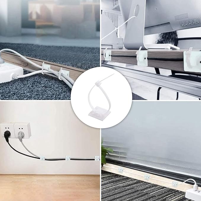 Strong Back-Glue Self Adhesive Cable Zip Tie Mounts Kit - 100 Set Cable Management Clips with 6" Zip Ties, Wire Holders - Outdoor Sticky Wire Organizer Clips - White - Image 7