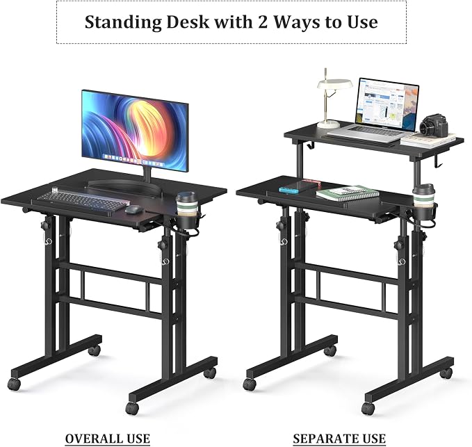 Enayplon Small Standing Desk with Wheels, Mobile Stand Up Desk, Portable Standing Table on Wheels for Walking Pad, Rolling Computer Desk Adjustable Height, Tall Table - Image 9