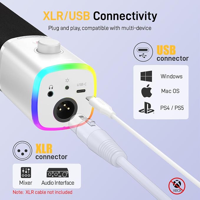 MAONO PD100X USB/XLR Podcast Microphone for PC,Gaming Streaming Dynamic Mic | Noise Reduction,Tap to Mute,Custom RGB, Maono Link Support,Volume & Gain Control,Desktop Stand,for Computer Recording, White - Image 7