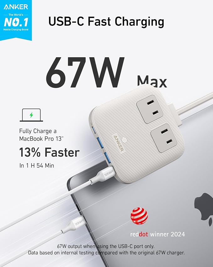 Anker Travel Power Strip, Anker Nano 67W Max 6-in-1 USB C Charger, 2 USB C | 2 AC, 2 USB A, 5ft Thin Undetachable Flat Plug Extension Cord with Multiple Outlets, Travel Essentials, Cruise Essentials - Image 2