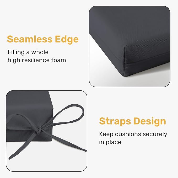 UNIKOME Outdoor Chair Cushions Pack of 4, Water Resistant Patio Cushions with Ties, High Density Sponge Filling Square Corner Seat Cushions for Outdoor Furniture, 18.5"*16"*3", Grey - Image 4