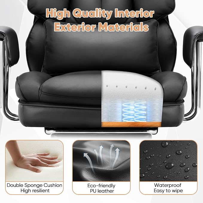 Sweetcrispy Executive Home Office Chair, Ergonomic Desk Chair | Big Tall High Back, Lumbar Support, Reclining Height Adjustable, PU Leather, Computer Gaming, Footrest Swivel Wheels, Black - Image 7
