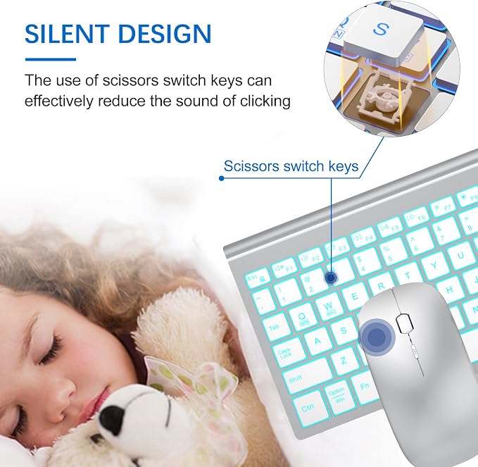 Wireless Backlit Keyboard and Mouse Ultra Slim Combo, TopMate -Silver White | 2.4G Silent Compact 2400DPI Mouse and Scissor Switch Keyboard Set, Batteries Included, for PC/Laptop/Windows/Mac/Gaming - Image 2