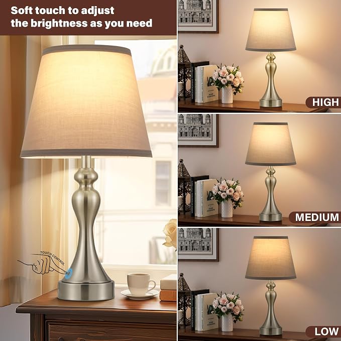 Touch Lamps for Nightstand, 3 Way Dimmable Bedside Lamps with USB C+A Ports | Touch Control, LED Bulb Included, Small Silver Table Lamp for Bedroom, Night Stands, End Table, Gift，Corded，Grey Shade - Image 2